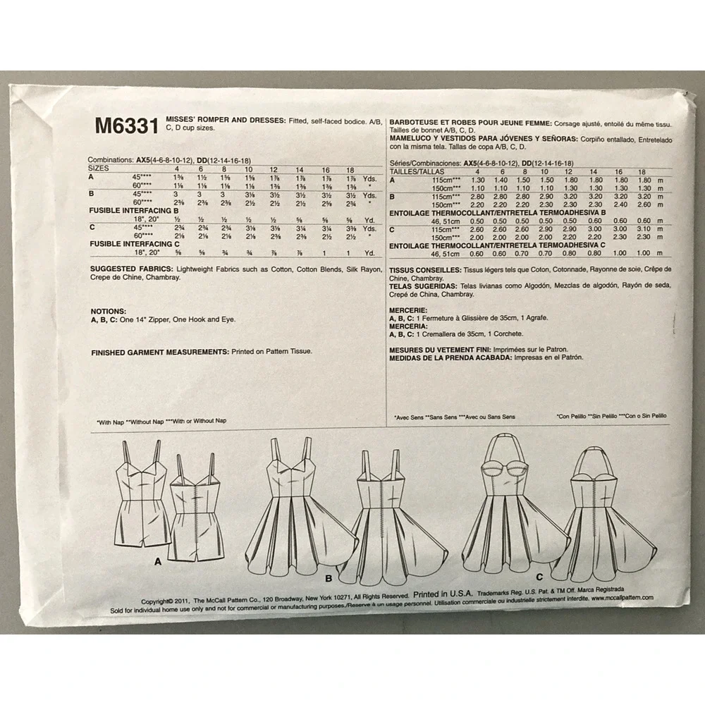 McCalls M6331 Pattern Generation Next Summer Romper & Dresses Ms Sz 12-18 Uncut